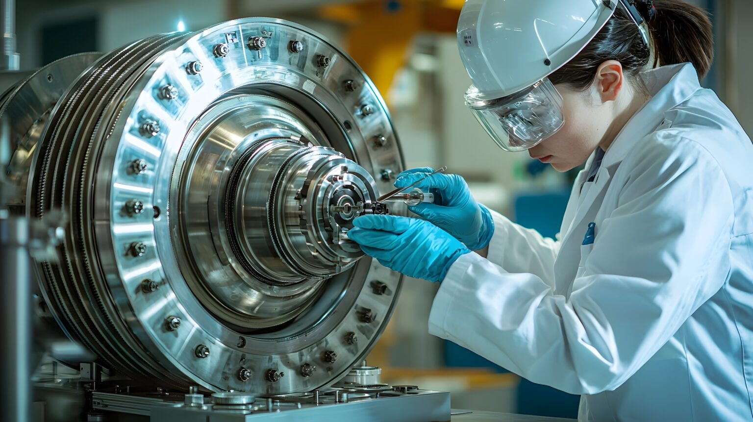 Aerospace engineer in lab examining and testing turbine engine components as part of research development and control processes for the aerospace industry