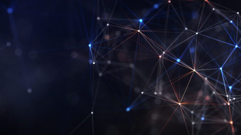 Abstract digital network with glowing nodes and lines on dark background. Ideal for themes of AI, big data, cybersecurity, communication, and futuristic technology.